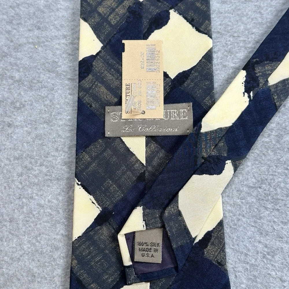 Vintage Structure 100% Silk Abstract Plaid Navy Cream Tie USA Wide Art Print NWT